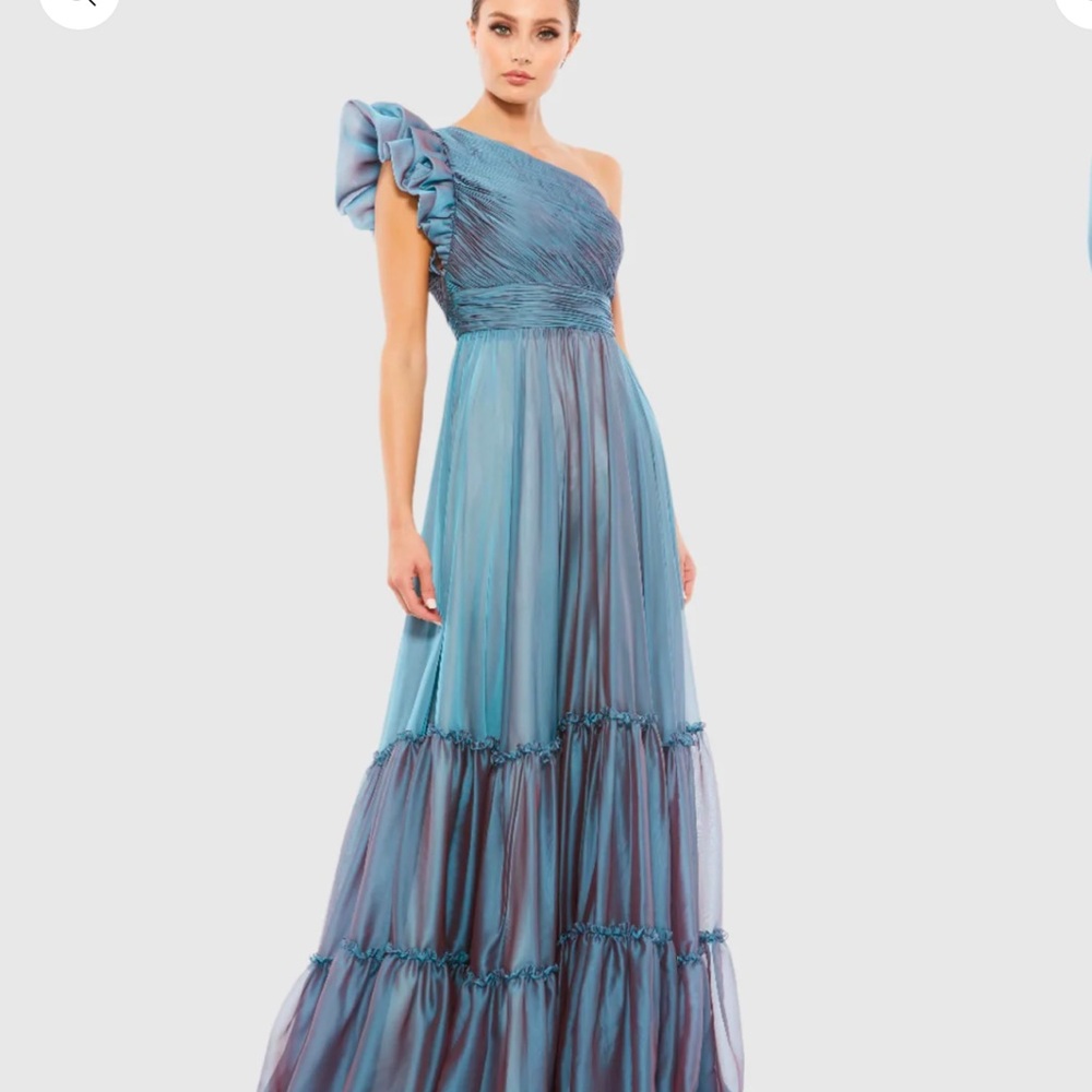 Mac Dugal Blue Organza One Shoulder Pleated Gown size 14 - Picture 1 of 7